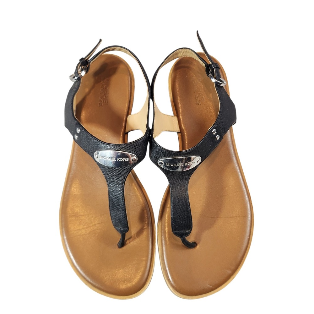 Michael Kors T-Strap Sandals Womens 9M Black Saffiano Leather Silver Logo WM19B